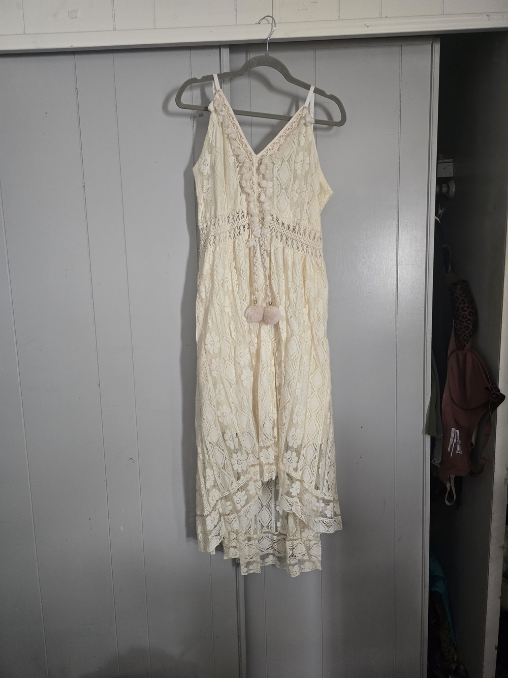 Boho Lace Dress with Tassel Tie - Cream